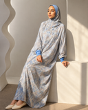 Blue Grey Floral Prayer Dress with Attached Hijab