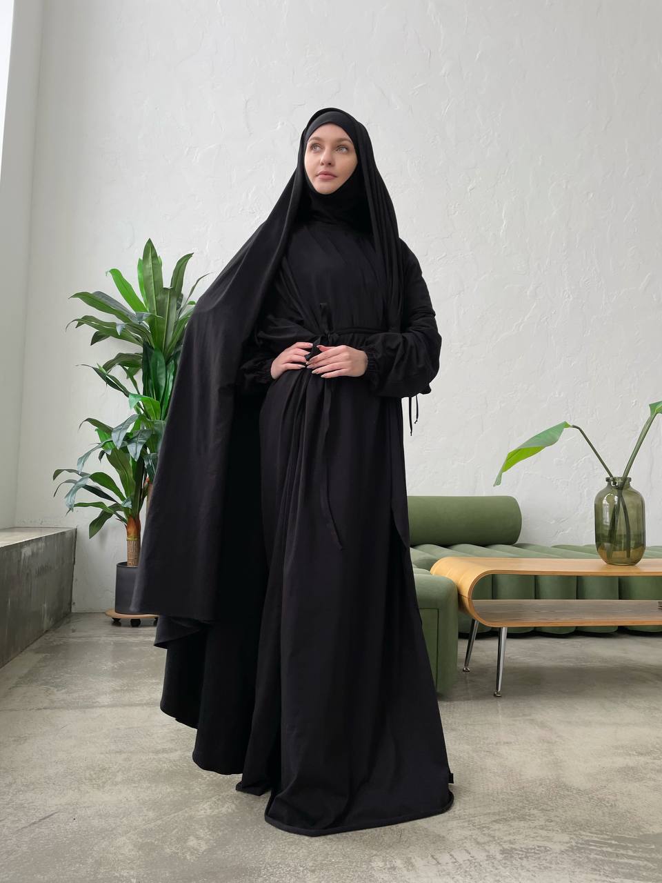 Elegant black cotton jersey dress with hijab and cape khimar veil, haj – ScarfTurbanHijab