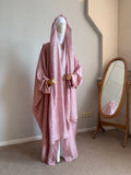 Dustyq Pink Silk Abaya with Embroidered Tencel Scarf | Satin Kaftan Dress