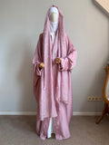 Dustyq Pink Silk Abaya with Embroidered Tencel Scarf | Satin Kaftan Dress