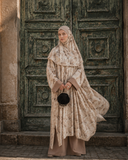 Oversized ivory linen cotton tunic with mocha botanical palm print, matching hijab and wide leg trousers on mannequin — handmade modest boho three piece set — ScarfTurbanHijab