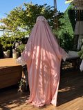Elegant long Silk Jilbab with White Lace Veil, bridal Khimar.