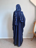 Navy Blue Silk Abaya with Embroidered Tencel Scarf | Satin Kaftan Dress