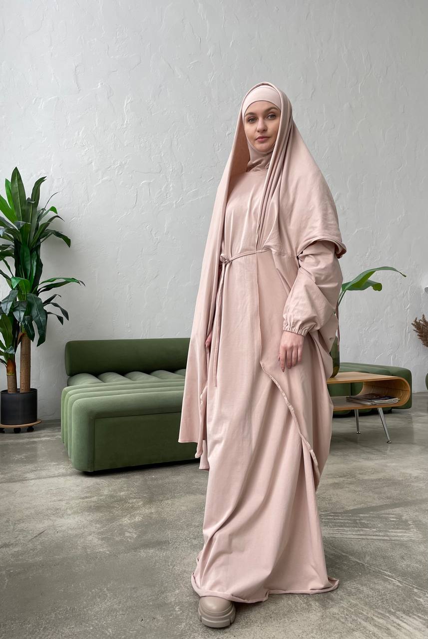 Elegant beige cotton jersey dress with hijab and cape khimar veil, haj ScarfTurbanHijab Elegant beige cotton jersey dress with hijab and cape khimar veil, haj ScarfTurbanHijab