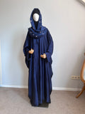 Navy Blue Silk Abaya with Embroidered Tencel Scarf | Satin Kaftan Dress