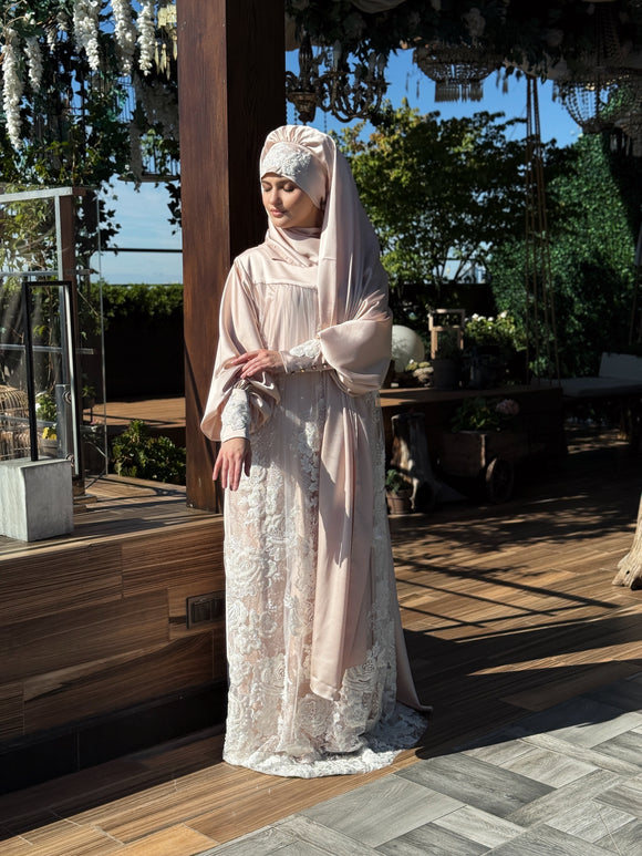 Luxury Beige Silk Maxi Dress with Lace