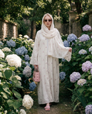Ivory Embroidered Tencel Abaya Set, Floral Modest Dress with Scarf, Summer Nikah Eid