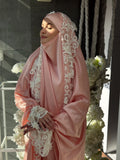 Elegant long Silk Jilbab with White Lace Veil, bridal Khimar.