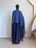 Navy Blue Silk Abaya with Embroidered Tencel Scarf | Satin Kaftan Dress