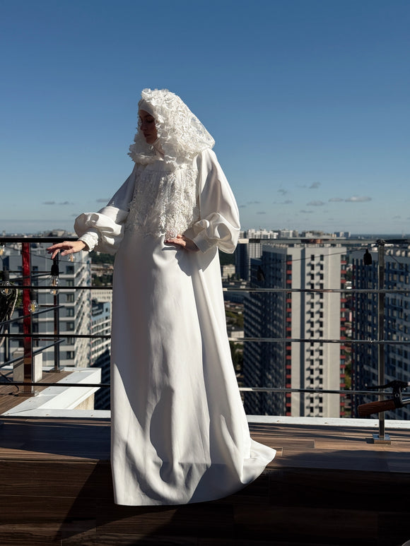 Elegant Islamic Wedding Dress with Lace Hood – ScarfTurbanHijab