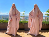 Beige crepe kimono Jilbab suit with skirt, summer  Khimar,  Muslim dress, ready to wear hijab, islamic gift