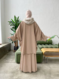 Elegant beige suit with wool jersey long sleeve tunic with waterproof beige flaredskirt