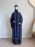 Navy Blue Silk Abaya with Embroidered Tencel Scarf | Satin Kaftan Dress