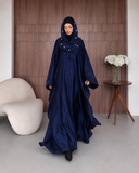 Navy Blue Silk Abaya with Embroidered Tencel Scarf | Satin Kaftan Dress