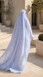 Blue Floral Burqa Veil Cape, Sheer Tencel Nikab Coverup, Luxury Nikah Eid