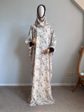 Beige Brown Branch Print Prayer Dress with Attached Hijab