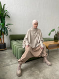 Beige wool jersey long sleeve tunic with waterproof skirt