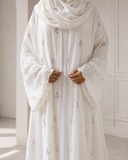Ivory Embroidered Tencel Abaya Set, Floral Modest Dress with Scarf, Summer Nikah Eid