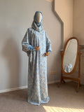 Blue Grey Floral Prayer Dress with Attached Hijab