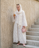Ivory Embroidered Tencel Abaya Set, Floral Modest Dress with Scarf, Summer Nikah Eid