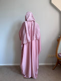 Dustyq Pink Silk Abaya with Embroidered Tencel Scarf | Satin Kaftan Dress