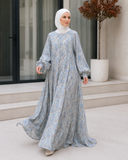 Blue Grey Floral Maxi Dress, Balloon Sleeve Modest Dress, Boho Summer Outfit