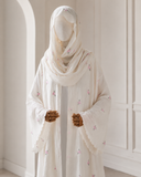 Ivory Embroidered Tencel Abaya Set, Floral Modest Dress with Scarf, Summer Nikah Eid