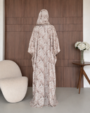 Beige Brown Branch Print Prayer Dress with Attached Hijab