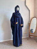 Navy Blue Silk Abaya with Embroidered Tencel Scarf | Satin Kaftan Dress