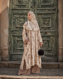 Oversized ivory linen cotton tunic with mocha botanical palm print, matching hijab and wide leg trousers on mannequin — handmade modest boho three piece set — ScarfTurbanHijab