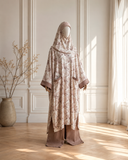 Oversized ivory linen cotton tunic with mocha botanical palm print, matching hijab and wide leg trousers on mannequin — handmade modest boho three piece set — ScarfTurbanHijab