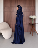Navy Blue Silk Abaya with Embroidered Tencel Scarf | Satin Kaftan Dress