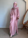 Dustyq Pink Silk Abaya with Embroidered Tencel Scarf | Satin Kaftan Dress