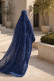 Navy Floral Burqa Veil Cape, Sheer Tencel Nikab Coverup, Luxury Nikah Eid