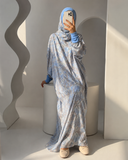 Blue Grey Floral Prayer Dress with Attached Hijab