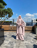 Beige crepe kimono Jilbab suit with skirt, summer  Khimar,  Muslim dress, ready to wear hijab, islamic gift