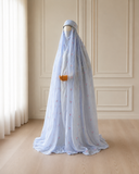 Blue Floral Burqa Veil Cape, Sheer Tencel Nikab Coverup, Luxury Nikah Eid