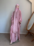 Dustyq Pink Silk Abaya with Embroidered Tencel Scarf | Satin Kaftan Dress
