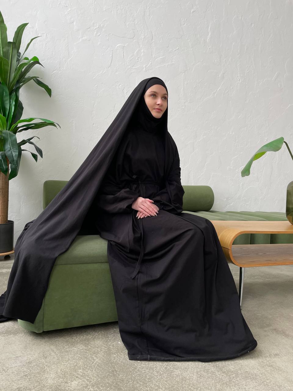 Elegant black cotton jersey dress with hijab and cape khimar veil, haj – ScarfTurbanHijab