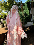 Elegant long Silk Jilbab with White Lace Veil, bridal Khimar.