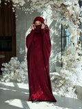 Burgundy Jersey Dress with Lace Hood, Modest Islamic Wedding Outfit, Underscarf Included