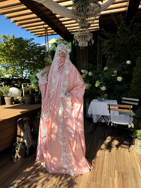 Elegant long Silk Jilbab with White Lace Veil, bridal Khimar.