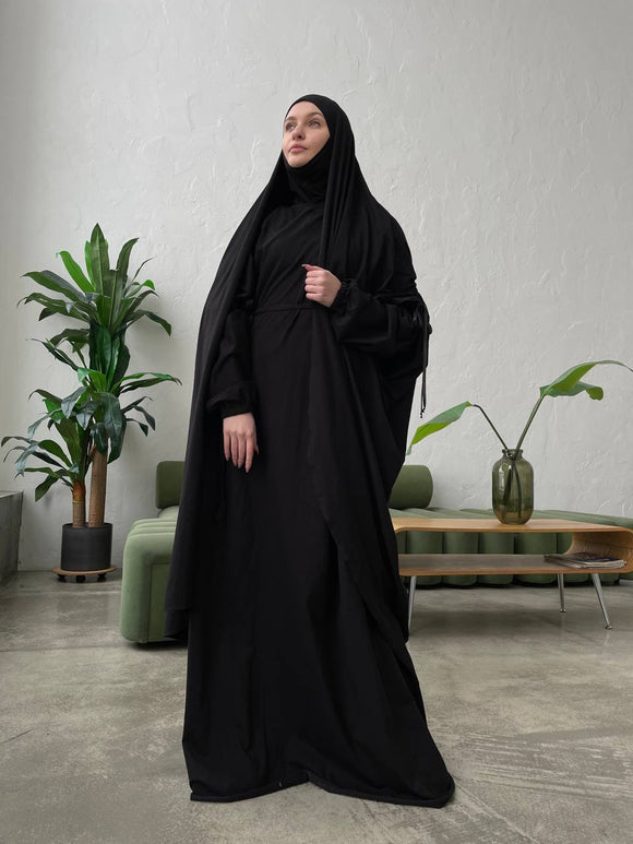 Elegant black cotton jersey dress with hijab and cape khimar veil, hajji umrah clothing, biblical black abaya