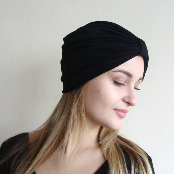Women's black turban, full turban hat, stretchy viscose jersey turban, onix Hijab, Headband, retro turban,boho turban, Vintage hat