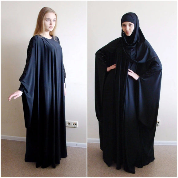 Elegant black muslim dress, Farasha Kaftan, Ower size Abaya, Hijab, Plus size maxi dress, Muslim bridal dress, Stylish Jilbab, Lace dress