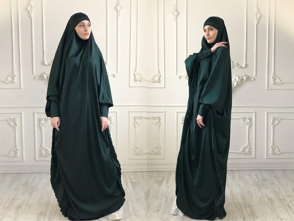 Emerald Long Silk Khimar, Elegant green muslim dress, Burqa,Dubai Abaya, traditional hijab,ready to wear hijab, long Jilbab, long burqa