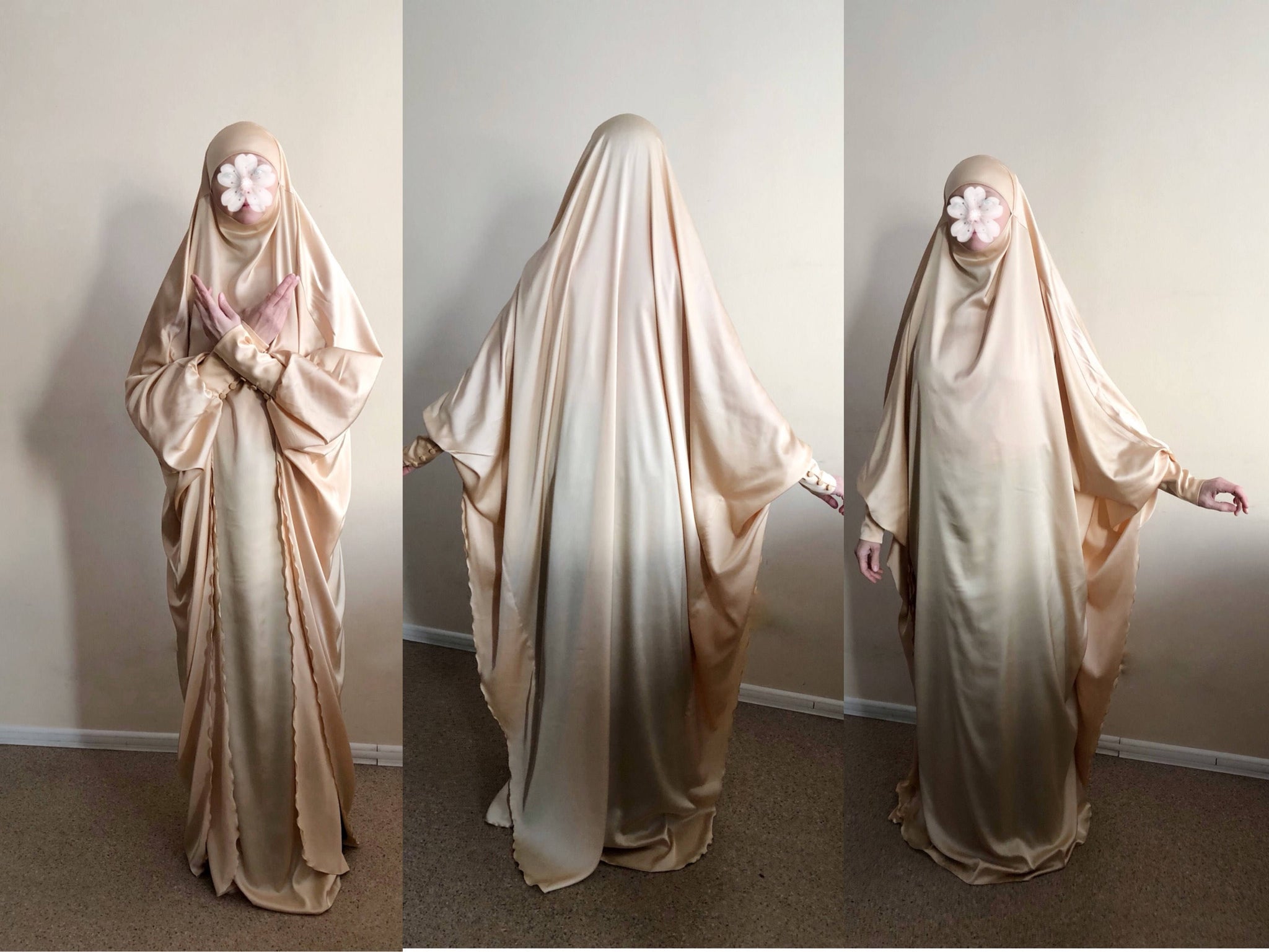 Long gold Silk Khimar, muslim dress, nikkah Burqa, Wedding Abaya, trad ScarfTurbanHijab Long gold Silk Khimar, muslim dress, nikkah Burqa, Wedding Abaya, trad ScarfTurbanHijab