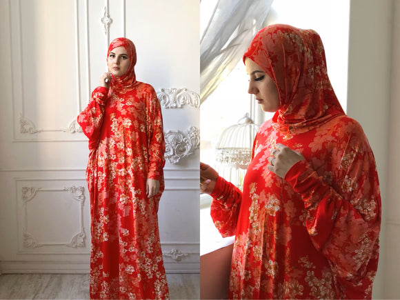 Red prayer dress with hijab, Muslim clothing, islamic gift, abaya, jilbab, one piece hijab, farasha kaftan