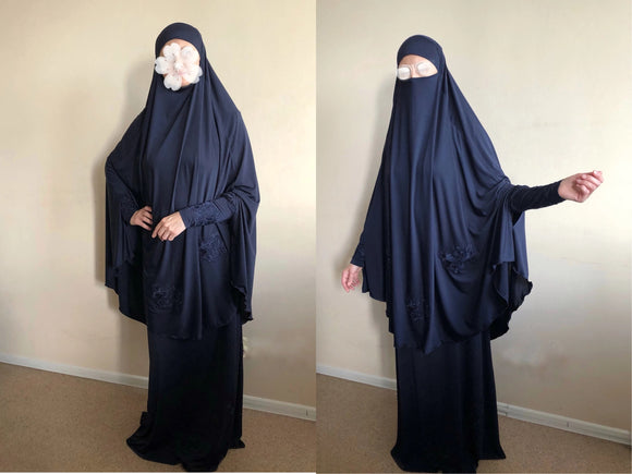 Muslim maxi dress / Franch blue jilbab / Muslim clothing / lase navy blue kaftan/ islamic clothing / hijab/ long sleeve dress / abaya