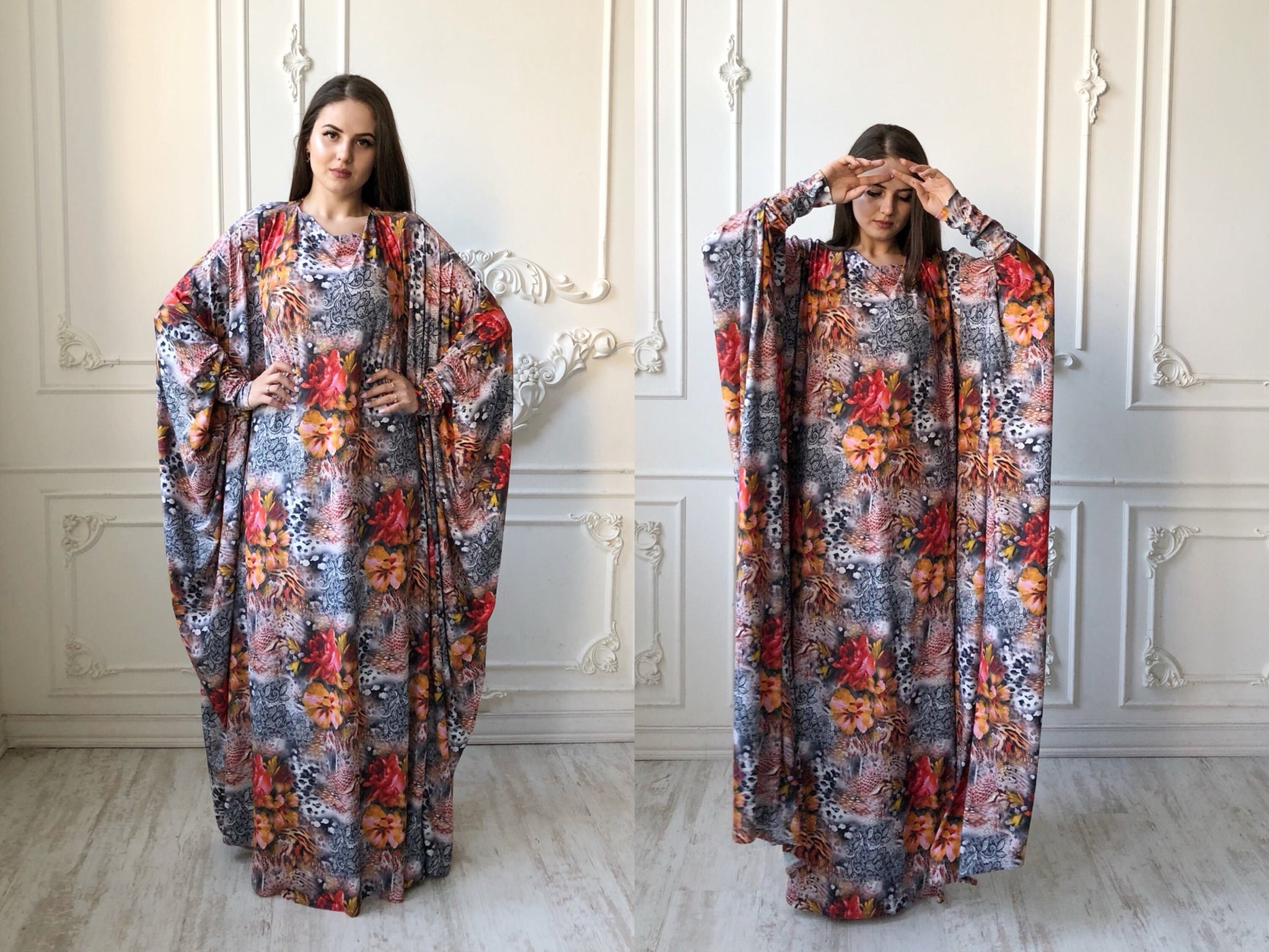 Floral print maxi dress, long sleeve plus size dress, Muslim clothing, –  ScarfTurbanHijab